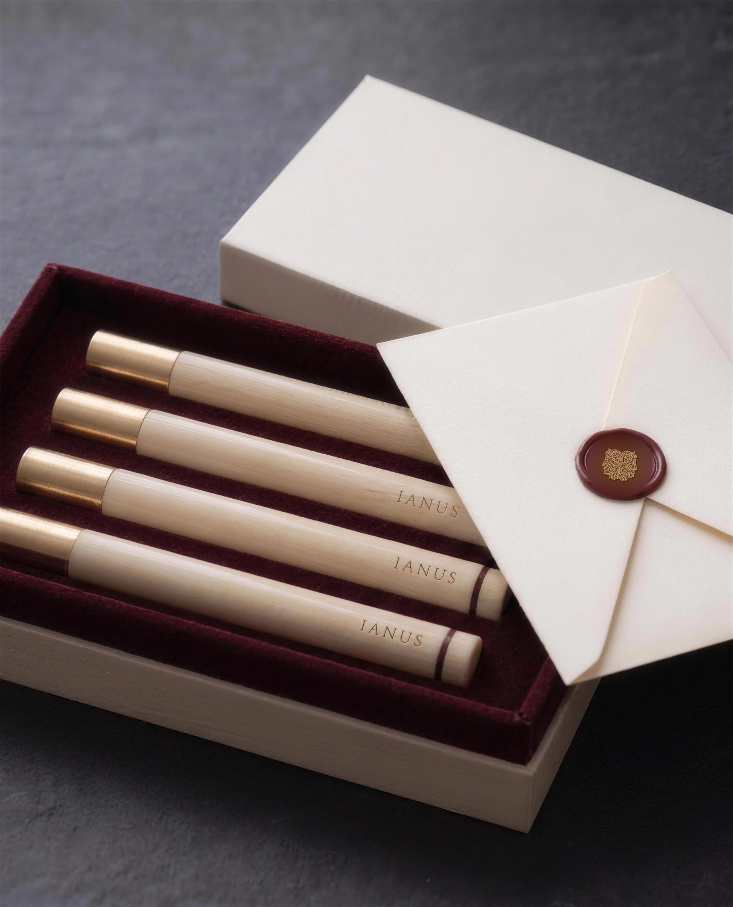 The IANUS presentation box, lid ajar — four instruments and a sealed letter on oxblood velvet