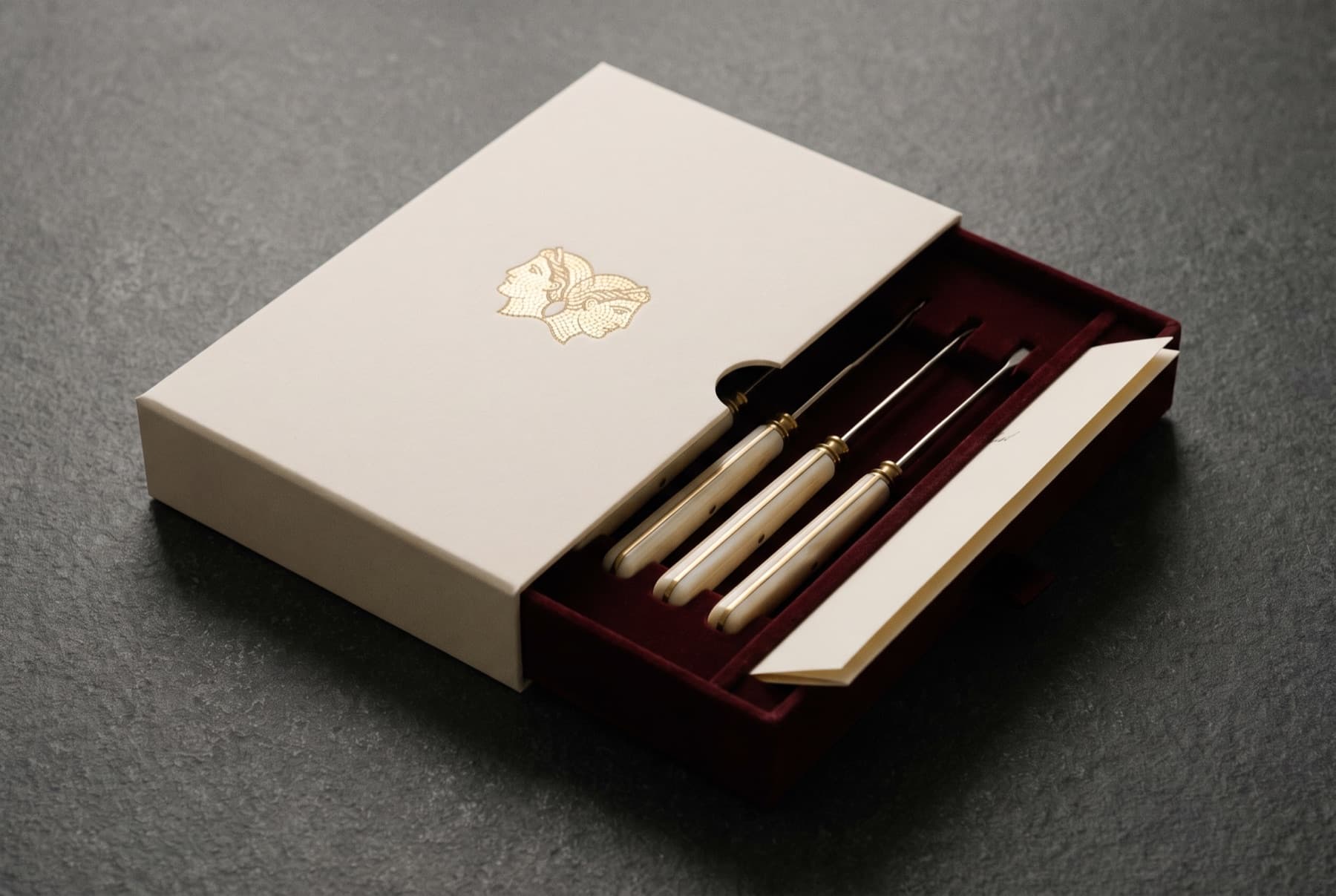 The IANUS presentation box, sleeve drawn — instruments and a sealed letter on oxblood velvet