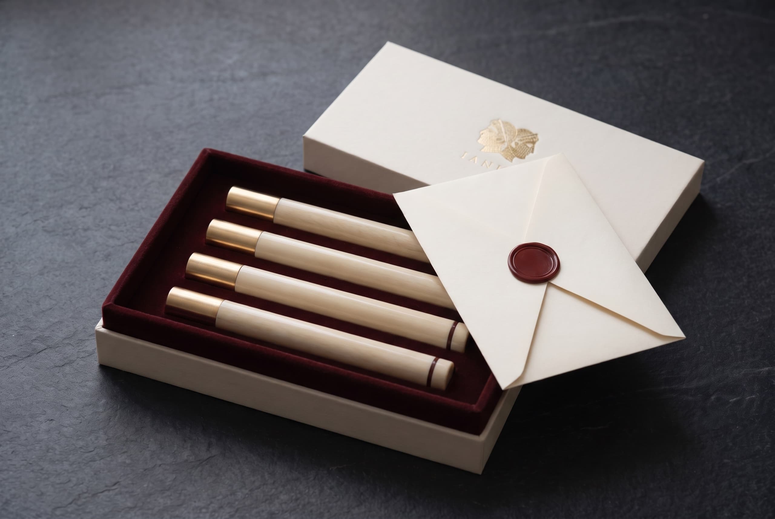 The IANUS presentation box, lid ajar — four instruments and a sealed letter on oxblood velvet